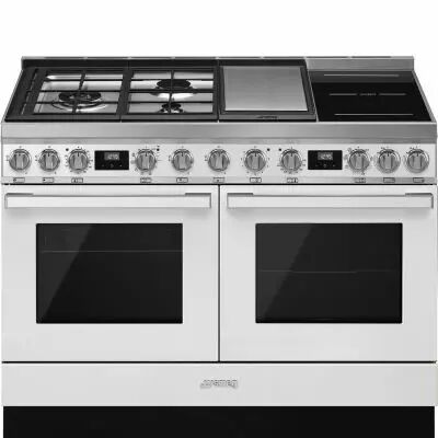 Piano de cuisson Portofino 120cm Blanc - Four pyrolyse avec sonde + Four vapeur / 3 gaz / 2 induction / 1 Teppanyaki  - SMEG