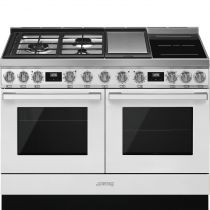 Piano de cuisson Portofino 120cm Blanc - Four pyrolyse avec sonde + Four vapeur / 3 gaz / 2 induction / 1 Teppanyaki  - SMEG