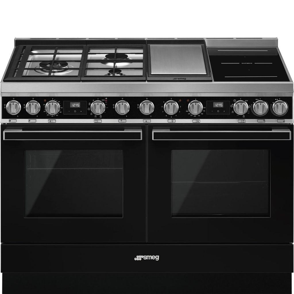 Piano de cuisson Portofino 120cm Noir - Four pyrolyse avec sonde + Four  vapeur / 3 gaz + 2 induction - SMEG réf. CPF120IGMPBL