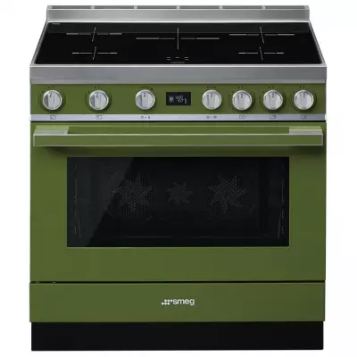 Piano de cuisson Portofino 90cm four �lectrique multifonction pyrolyse 126l / 5 foyers induction Vert Olive - SMEG R�f. CPF9IPOG