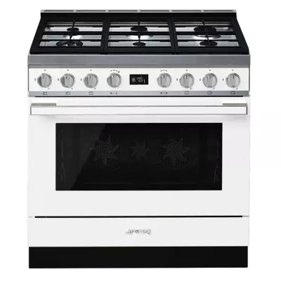 Piano de cuisson Portofino 90cm Four multifonction pyrolyse 115l / 6 foyers gaz Blanc - SMEG R�f. CPF9GPWH