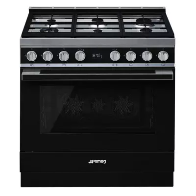 Piano de cuisson Portofino 90cm Four multifonction pyrolyse 115l / 6 foyers gaz Noir - SMEG R�f. CPF9GPBL