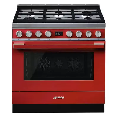 Piano de cuisson Portofino 90cm Four multifonction pyrolyse 115l / 6 foyers gaz Rouge - SMEG R�f. CPF9GPR