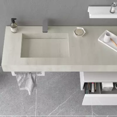 Plan de toilette COMPAKT avec vasque int�gr�e Prof. 46cm Largeur sur-mesure 80.1-100cm Ciment - SALGAR R�f. 25607