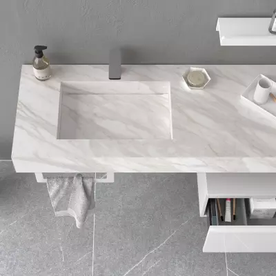 Plan de toilette COMPAKT avec vasque int�gr�e Prof. 46cm Largeur sur-mesure 80.1-100cm Marbre blanc - SALGAR R�f. 25479