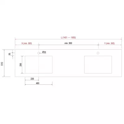 Plan de toilette COMPAKT double vasque int�gr�e P.51 L. sur-mesure 140.1-160cm Marbre blanc - SALGAR R�f. 25487