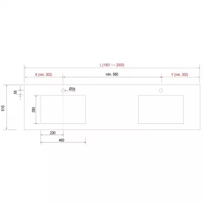 Plan de toilette COMPAKT double vasque int�gr�e P.51 L. sur-mesure 180.1-200cm Ciment - SALGAR R�f. 25617