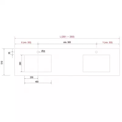 Plan de toilette COMPAKT double vasque int�gr�e P.51 L. sur-mesure 200.1-250cm Ciment - SALGAR R�f. 25618