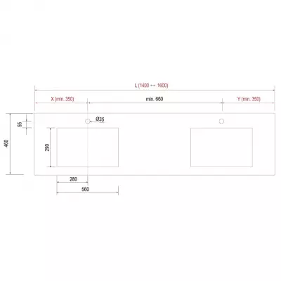 Plan de toilette COMPAKT P.46 2 vasques 56cm int�gr�es L. sur-mesure 140.1-160cm Marbre blanc - SALGAR R�f. 83349