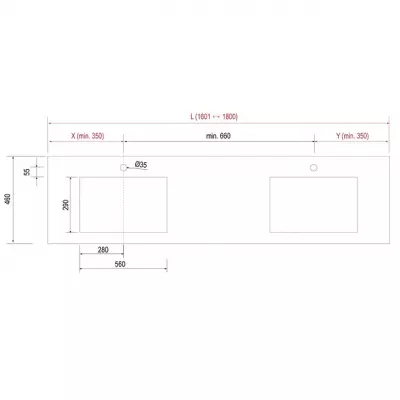 Plan de toilette COMPAKT P.46 2 vasques 56cm int�gr�es L. sur-mesure 160.1-180cm Havana - SALGAR R�f. 84106