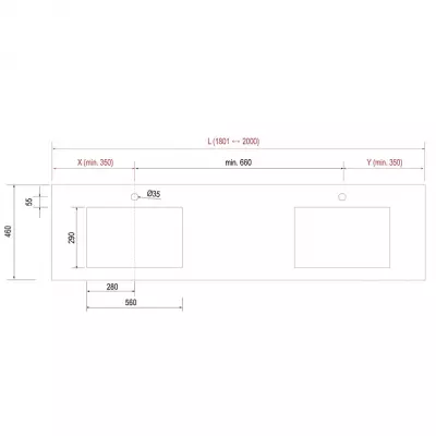 Plan de toilette COMPAKT P.46 2 vasques 56cm int�gr�es L. sur-mesure 180.1-200cm Havana - SALGAR R�f. 84107