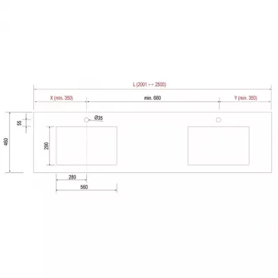 	Plan de toilette COMPAKT P.46 2 vasques 56cm int�gr�es L. sur-mesure 200.1-250cm Marbre blanc - SALGAR R�f. 83352