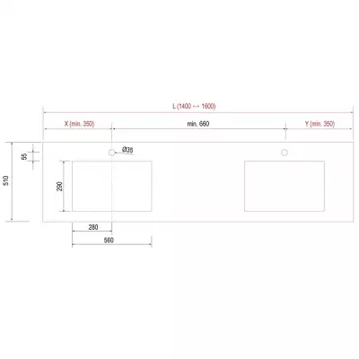 Plan de toilette COMPAKT P.51 2 vasques 56cm int�gr�es L. sur-mesure 140.1-160cm Ciment - SALGAR R�f. 83414