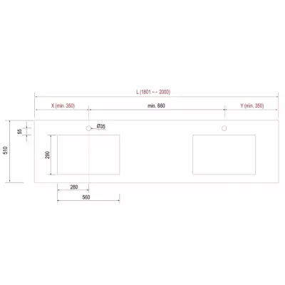 Plan de toilette COMPAKT P.51 2 vasques 56cm int�gr�es L. sur-mesure 180.1-200cm Marbre blanc - SALGAR R�f. 83364