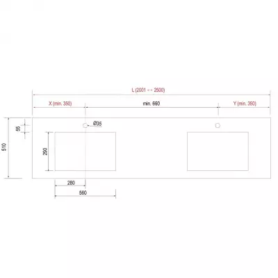 Plan de toilette COMPAKT P.51 2 vasques 56cm int�gr�es L. sur-mesure 200.1-250cm Marbre blanc - SALGAR R�f. 83365