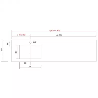 Plan de toilette COMPAKT P.51 vasque 56cm int�gr�e L. sur-mesure 200.1-250cm Marbre blanc - SALGAR R�f. 83360