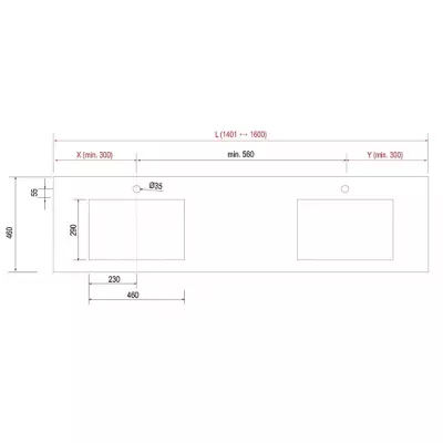 Plan de toilette COMPAKT vasque double int�gr�e P.460 L. sur-mesure 1401-1600mm Ciment - SALGAR R�f. 25602