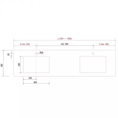 Plan de toilette COMPAKT vasque double int�gr�e P.460 L. sur-mesure 1601-1800mm Marbre blanc - SALGAR R�f. 25436