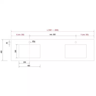 Plan de toilette COMPAKT vasque double int�gr�e P.460 L. sur-mesure 1801-2000mm Marbre blanc - SALGAR R�f. 25437