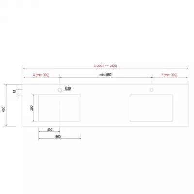 Plan de toilette COMPAKT vasque double int�gr�e P.460 L. sur-mesure 2001-2500mm Marbre blanc - SALGAR R�f. 25438