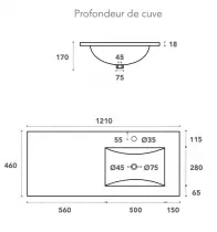 Plan vasque Cérès 121x46.5cm vasque à droite Blanc - OZE Réf. VAS-1200CER-CD