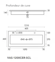 Plan vasque Gréco 121x46cm percé pour 2 robinetteries Blanc brillant - OZE Réf. VAS-1200CER-SCL