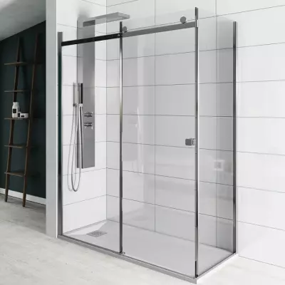 Porte coulissante + paroi fixe retour Kinestyle C+F 170x90cm verre transparent profil�s Chrom� - KINEDO R�f. PA1717CTNE
