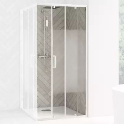 Porte coulissante d\'angle Smart Design A/C 80cm verre cosmos profil�s Blanc / partie fixe � droite  - KINEDO R�f. PA90272BCOED