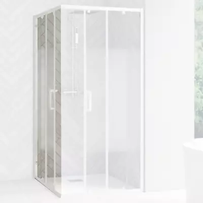 Porte coulissante d\'angle Smart Design A/C 80cm verre cosmos profil�s Blanc / partie fixe � gauche  - KINEDO R�f. PA90272BCOEG