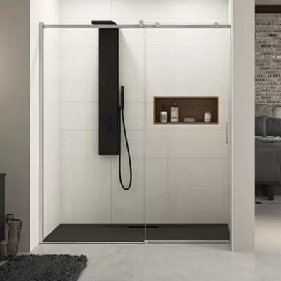 Porte coulissante Ekinox C 140cm profil� Inox bross� verre transparent / partie fixe � gauche - KINEDO R�f. PA4272ITNEG