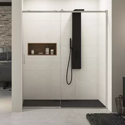 Porte coulissante Ekinox C 160cm profil� Inox bross� verre transparent / partie fixe � droite - KINEDO R�f. PA4273ITNED
