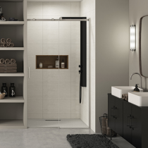 Porte coulissante Ekinox C 160cm profilé Inox brossé verre transparent / partie fixe à droite - KINEDO Réf. PA4273ITNED