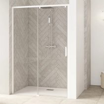 Porte coulissante Smart Design C 117/130cm profilé Blanc verre transparent / partie fixe à gauche - KINEDO Réf. PA9233BTNEG