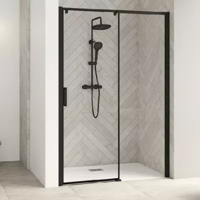 Porte coulissante Smart Design C 117/130cm profil� Noir verre transparent / partie fixe � droite  - KINEDO R�f. PA9233NTNED
