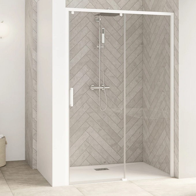 Porte coulissante Smart Design C 127/140cm profilé Blanc verre transparent  / partie fixe à droite - KINEDO Réf. PA9234BTNED