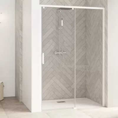 Porte coulissante Smart Design C 137/150cm profil� Blanc verre transparent / partie fixe � droite - KINEDO R�f. PA9235BTNED