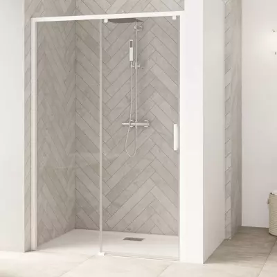 Porte coulissante Smart Design C 137/150cm profil� Blanc verre transparent / partie fixe � gauche - KINEDO R�f. PA9235BTNEG
