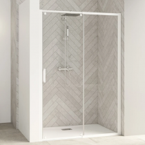 Porte coulissante Smart Design C extensible avec seuil 117/130cm profilé Blanc verre transparent - KINEDO Réf. PA9213BTNE