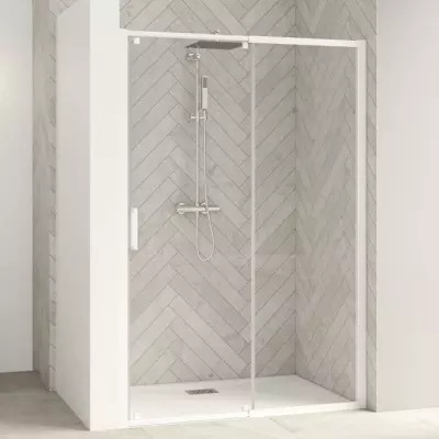 Porte coulissante Smart Design C extensible avec seuil 97/110cm profil� Blanc verre transparent - KINEDO R�f. PA9211BTNE