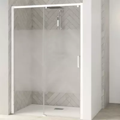 Porte coulissante Smart Design C sans seuil 180cm verre Cosmos profil�s Blanc / Partie fixe � gauche - KINEDO R�f. PA90125BCOEG