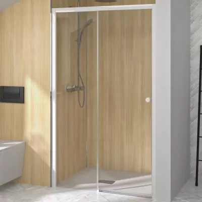 Porte coulissante Supra C sans seuil 100cm profil� blanc verre transparent fixe � gauche - KINEDO R�f. PA2220BTNG