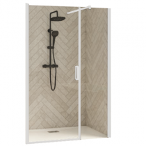 Porte pivotante centrale + partie fixe Smart Design 110cm verre transparent profilés Blanc - KINEDO Réf. PA9060BTNE