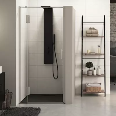 Porte pivotante Ekinox P 90cm profil� Inox verre transparent / charni�res � gauche - KINEDO R�f. PA4232ITNEG