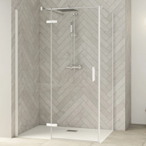 Porte pivotante Smart Design P sans seuil 120cm Profilés blanc verre transparent - Charnières à gauche- KINEDO Réf. PA1614BTNEG