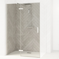 Porte pivotante Smart Design P sans seuil 180cm Profilés blanc verre transparent - Charnières à gauche - KINEDO Réf. PA1620BTNEG