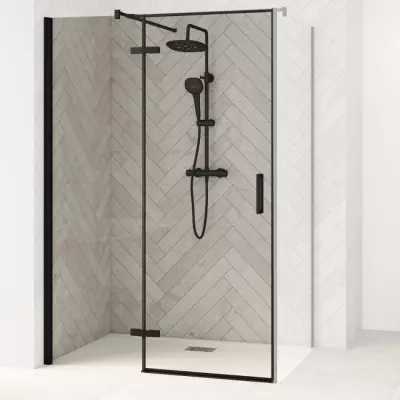 Porte pivotante Smart Design P sans seuil 80cm Profil�s Noir verre transparent - Charni�res � gauche - KINEDO R�f. PA1610NTNEG