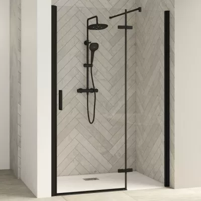 Porte pivotante Smart Design P sans seuil Charni�res droite 100cm profil� Gris noir grain� verre transparent KINEDO PA1412NTNED