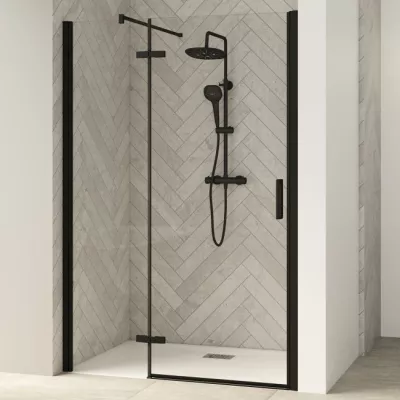 Porte pivotante Smart Design P sans seuil Charni�res gauche 110cm profil� Gris noir grain� verre transparent -KINEDO PA1413NTNEG