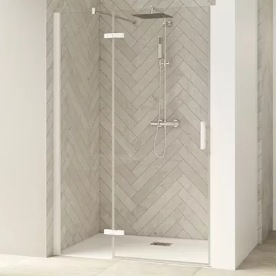 Porte pivotante Smart Design P sans seuil Charni�res gauche 130cm profil� Blanc verre transparent gauche  - KINEDO R�f. PA1415BT