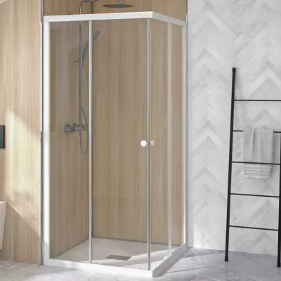 Portes coulissantes d\'angle Supra 80x80cm profil� Blanc verre Transparent - KINEDO R�f. PA1591BTN
